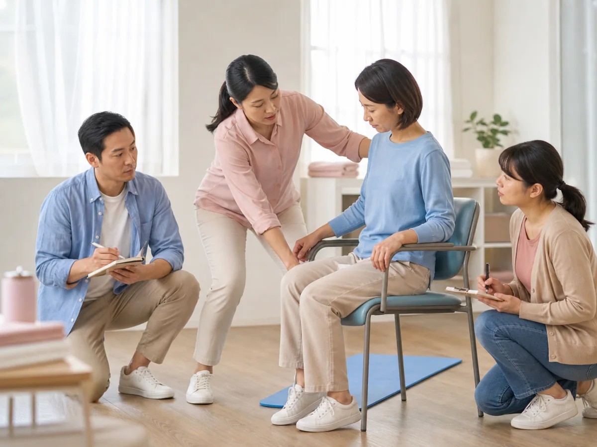 照服員專業培訓情境示意：講師示範安全移位，學員在旁記錄；AI 生成，非愛馨實際人員或課程