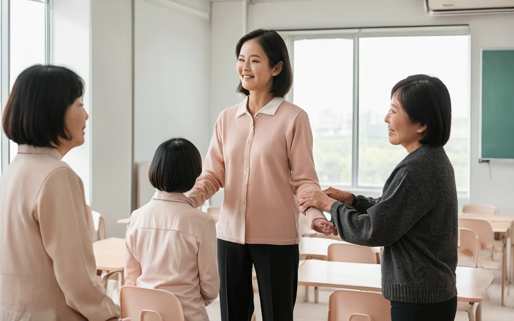 在職課程與實務演練情境示意：講師示範照護動作，學員在旁觀察；AI 生成，非愛馨實際人員或課程